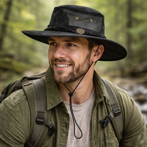 Barmah Hat Canvas Drover Black Sz M Chin Strap Rugged Outback Rancher Hike Fish